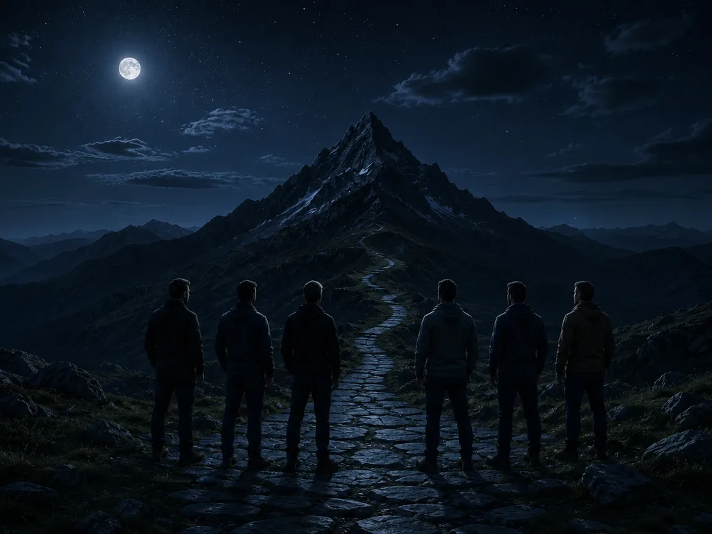 Men standing on a mountain path at night
